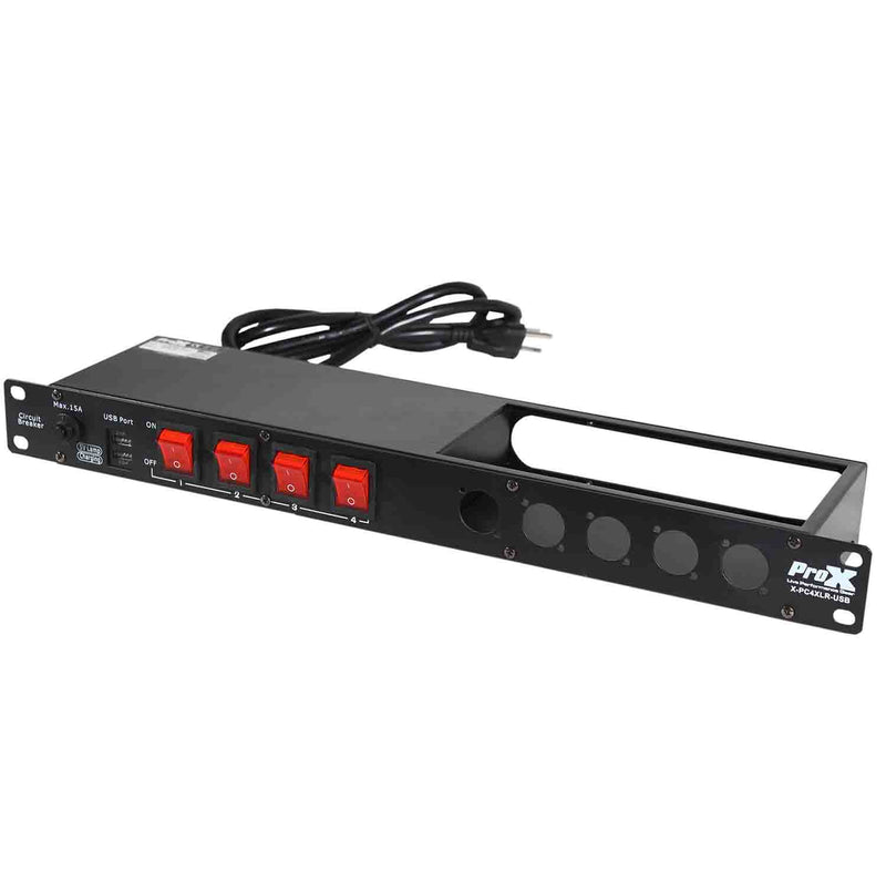 ProX X-PC4XLR-USB 1U 15 Amp Circuit 4CH Switch Panel W-2 USB and 5 Punched Space - Hollywood DJ