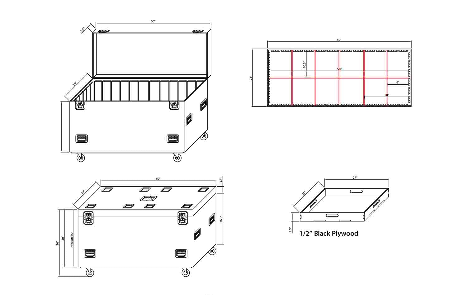 ProX XS-UTL246036W Heavy-Duty Truck Pack Utility Flight Case W-Divider, Tray Kit and 4" Casters - 24"X60"X36" - Hollywood DJ