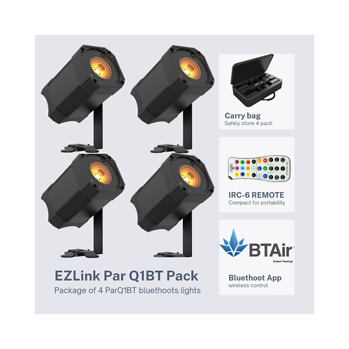 Chauvet DJ EZLink Par Q1BT Pack, Bundle of 4 EZLink Par Q1BT Fixtures and 1 IRC-6 Remote - Hollywood DJ