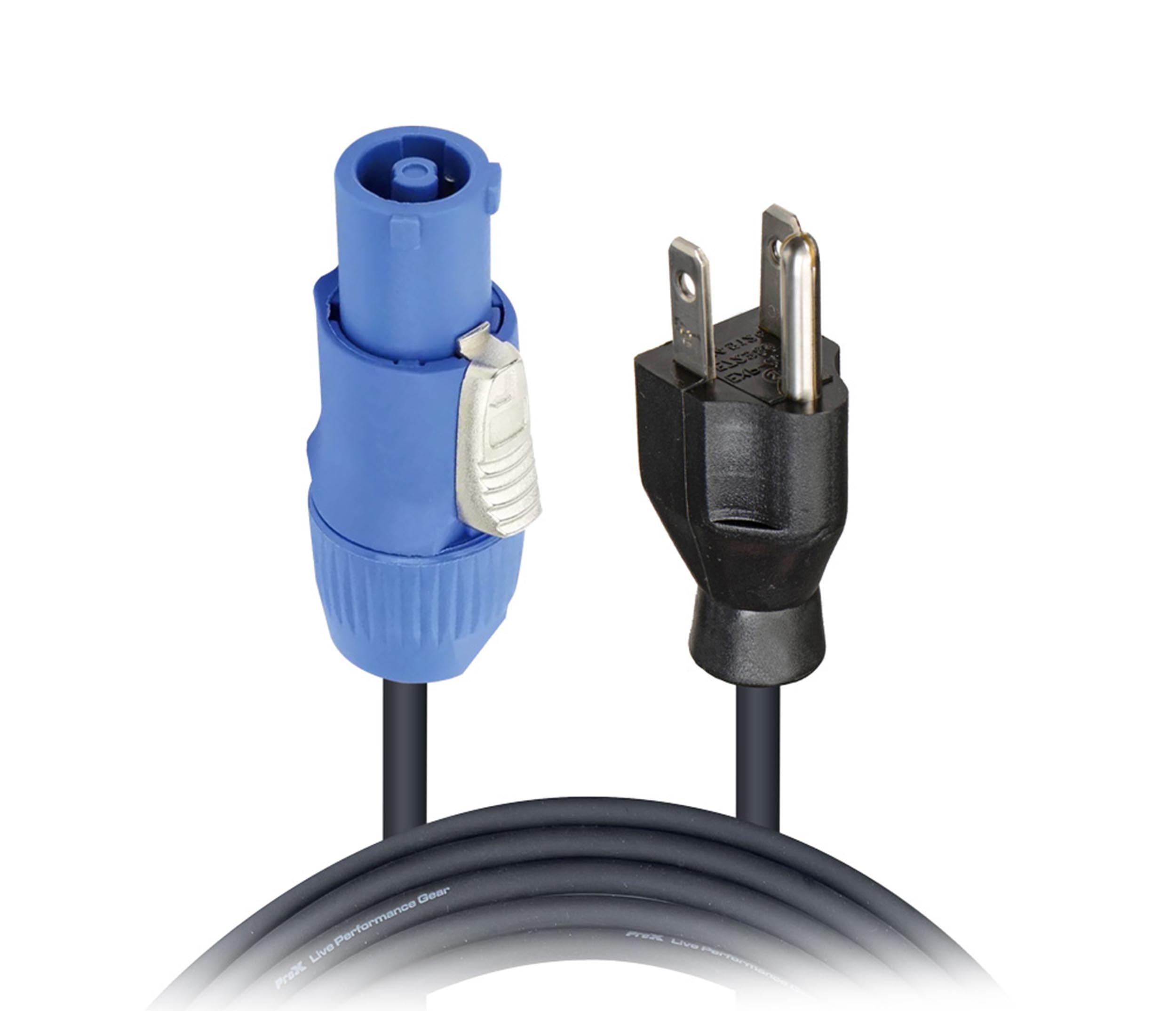 ProX XC-PWCE14-10, 14 AWG High Performance Power Cord NEMA 5-15 Edison to Blue Male for Powercon Compatible Devices - 10 Feet - Hollywood DJ