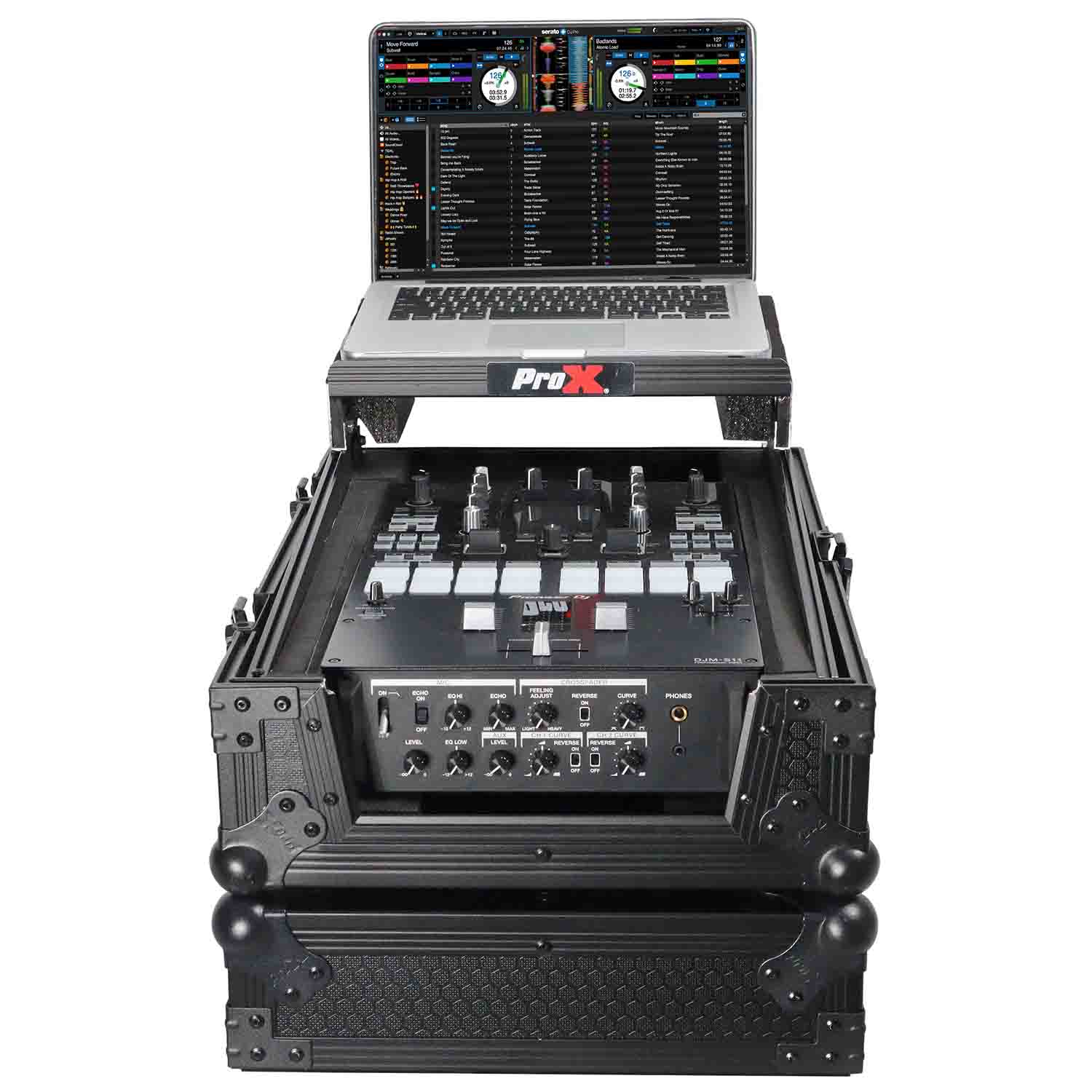 ProX XS-DJMS11LTBL, Flight Case for Pioneer DJM-S11 Mixer with Sliding Laptop Shelf - Black on Black - Hollywood DJ