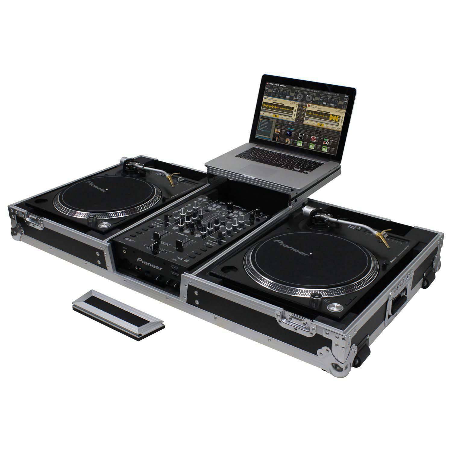 Odyssey FZGSLBM10WR Black Low Profile 10″ Format DJ Mixer and Two Battle Position Turntables Flight Coffin Case with Wheels and Glide Platform - Hollywood DJ