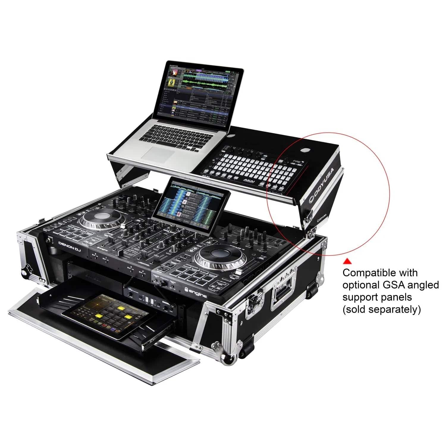 Odyssey FZGSPRIME4W2, Denon Prime 4 Flight Case with Patented Glide Laptop Platform and 2U Rack Space - Hollywood DJ