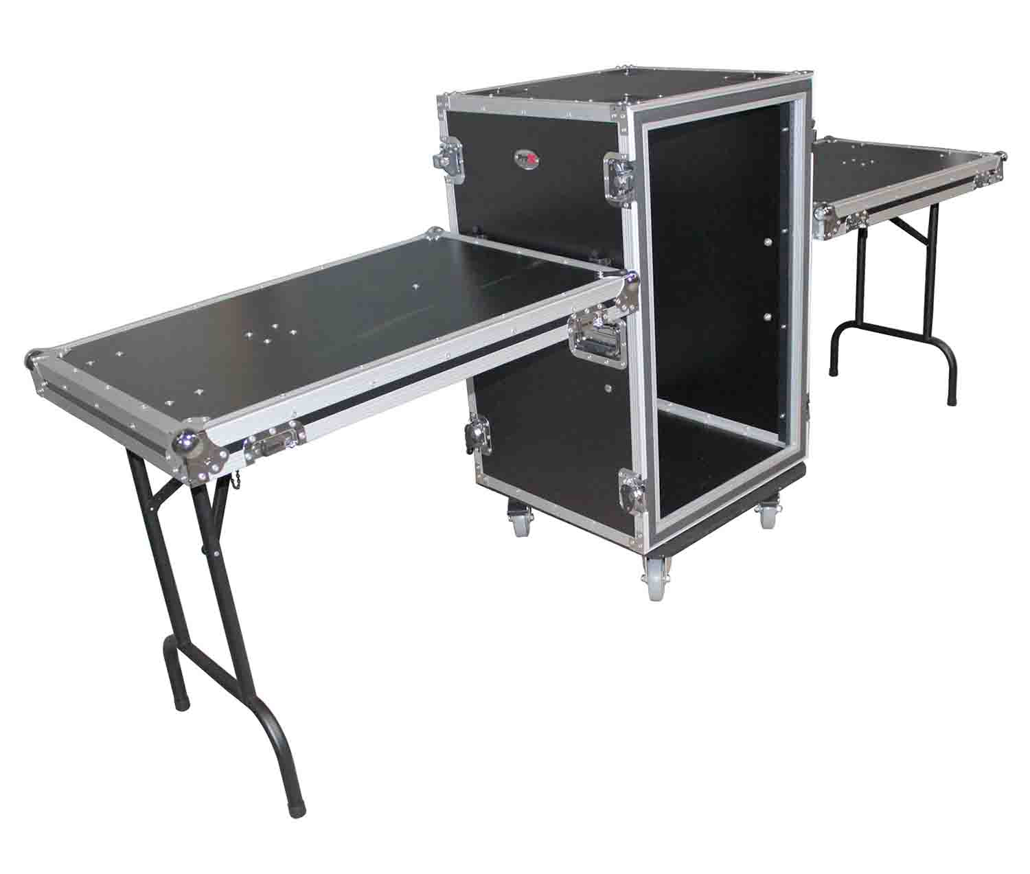 Prox T-14RSP24DST 14U Vertical Shockproof Amp/Rack Case with Dual Side Tables and 4 Casters - 24" Rail to Rail - Hollywood DJ