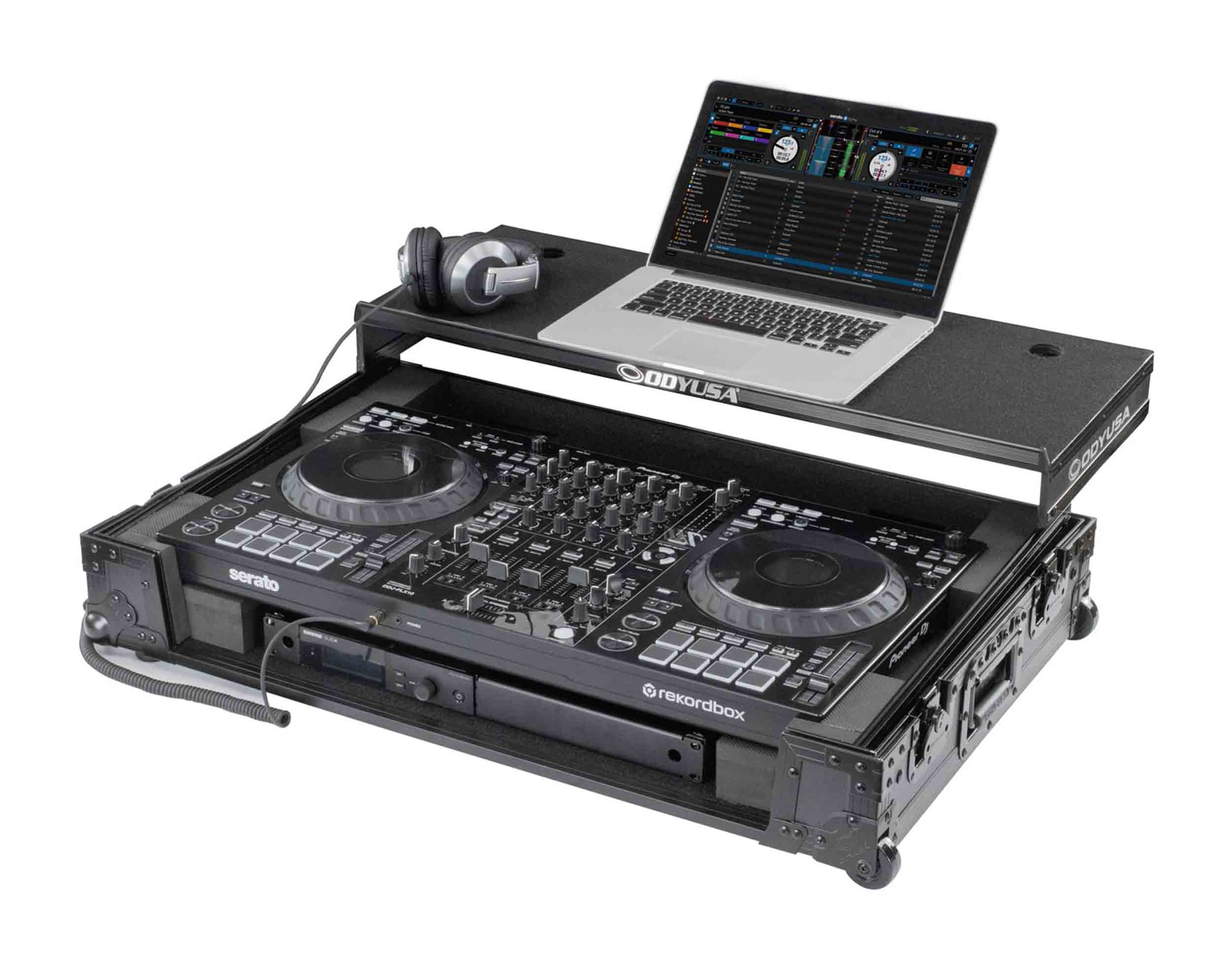 Odyssey FZGSDDJFLX10CWBL, Black Label 1U Flight Case For DDJ-FLX10 Controller with Glide Style Laptop Platform and Corner Wheels - Hollywood DJ