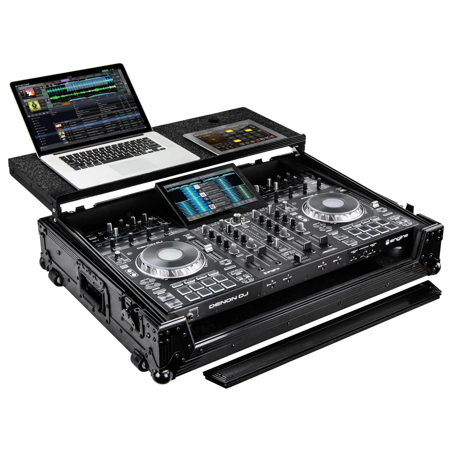Odyssey FZGSPRIME4BL, Black Denon Prime 4 Flight Case with Glide Platform - Hollywood DJ