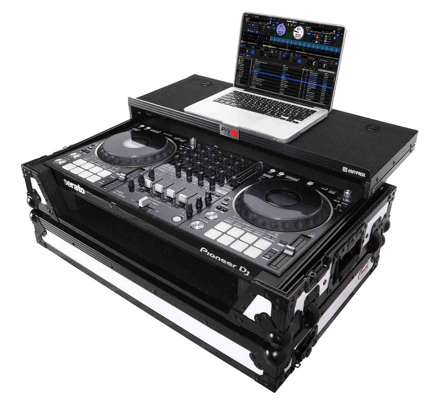 ProX XS-DDJ1000 WLTWH Fits Pioneer DDJ-1000SRT Case White on Black W/ Sliding Laptop Shelf & Wheels - Hollywood DJ