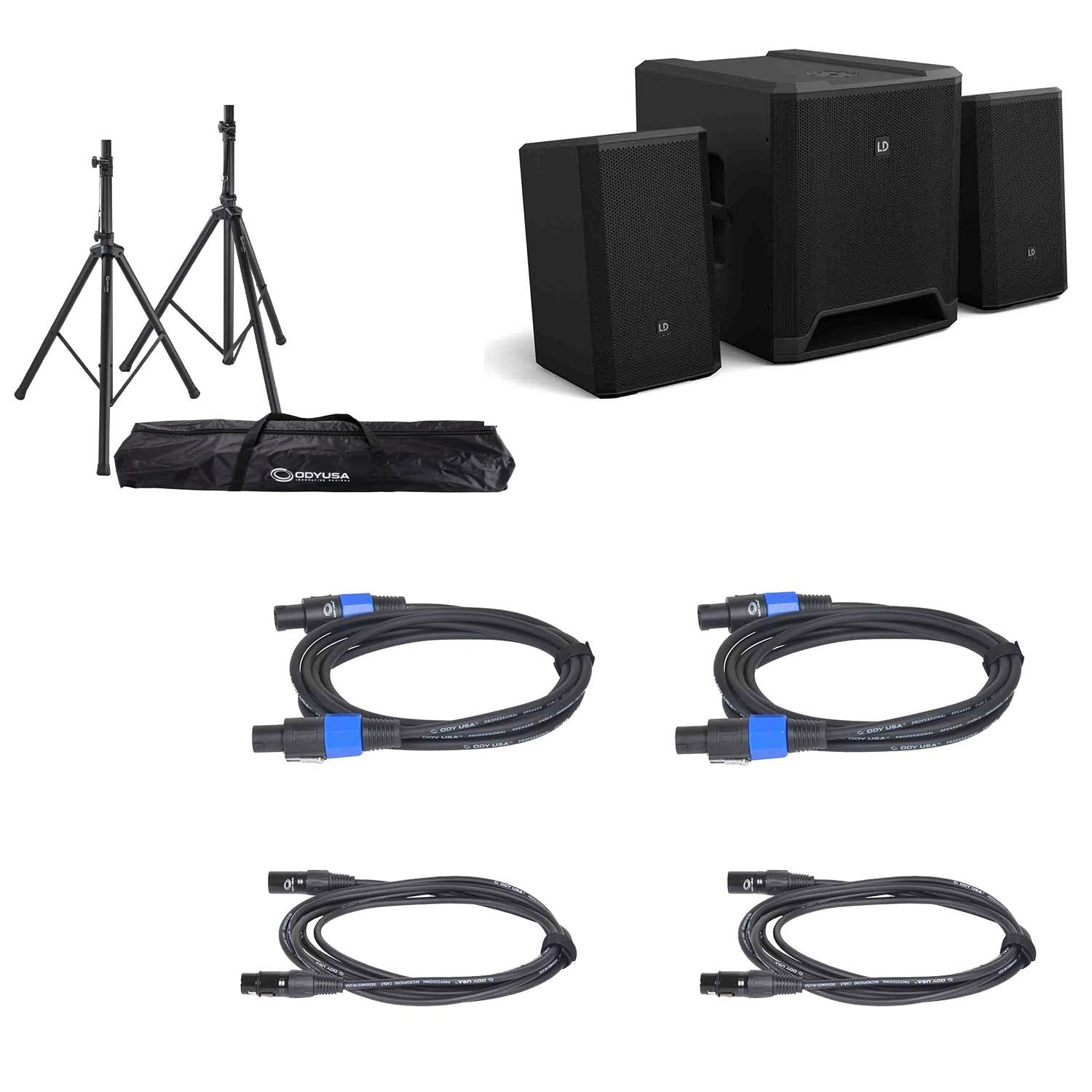 LD Systems DAVE 12 G4X, Powered PA System DJ Package with Odyssey Stands and Cables - Hollywood DJ