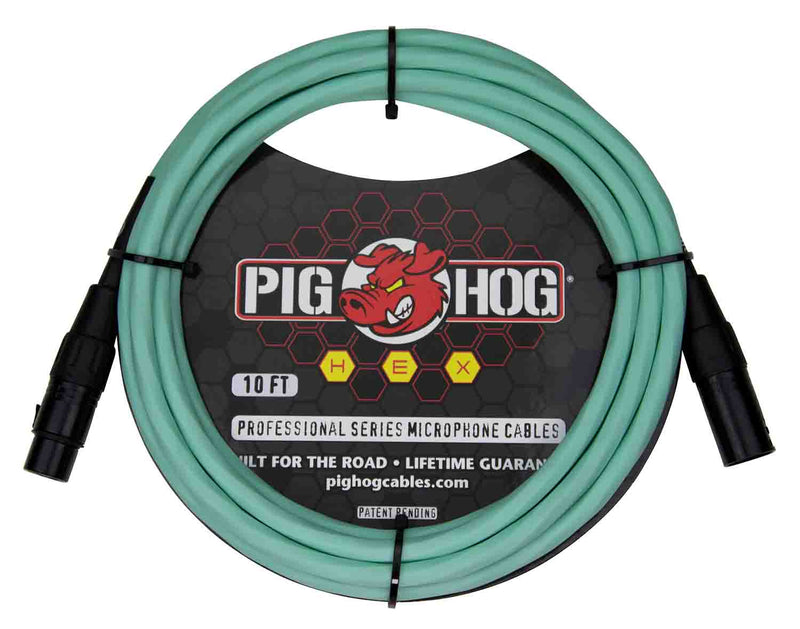 Pig Hog PHMH10SG, Hex Series Mic Cables (Seafoam Green, 10ft) - Hollywood DJ