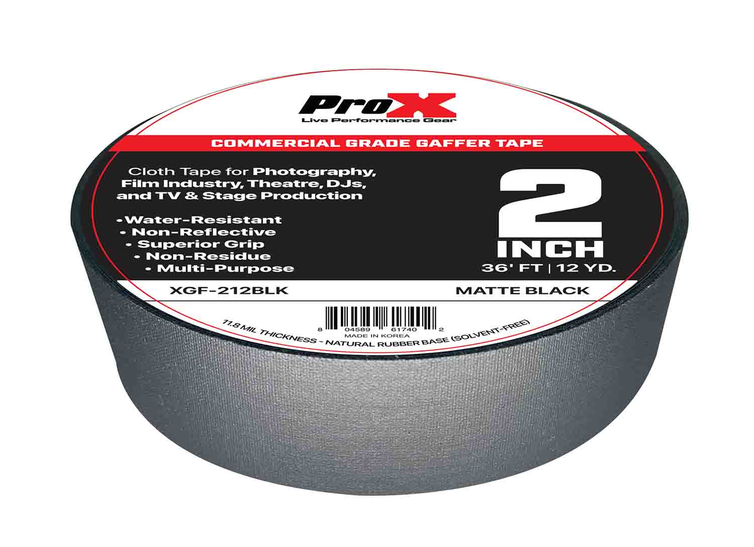 ProX XGF-212BLK, 2 Inch 12YD Matte Black Commercial Grade Gaffer Tape Pros Choice Non-Residue - 36FT - Hollywood DJ