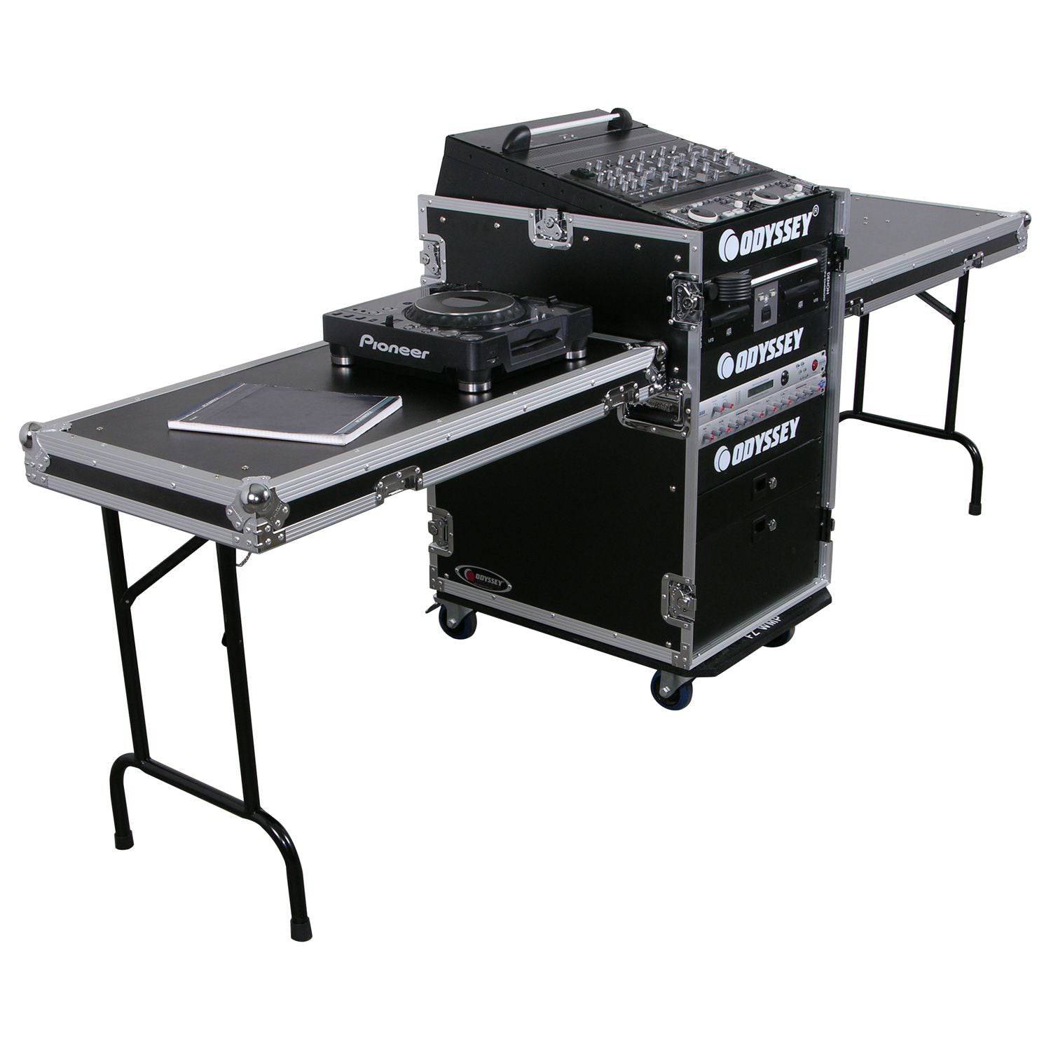 Odyssey FZ1316WDLXII Deluxe 13U Top Slanted 16U Bottom Vertical Pro Combo Rack with Two Side Tables and Casters - Hollywood DJ