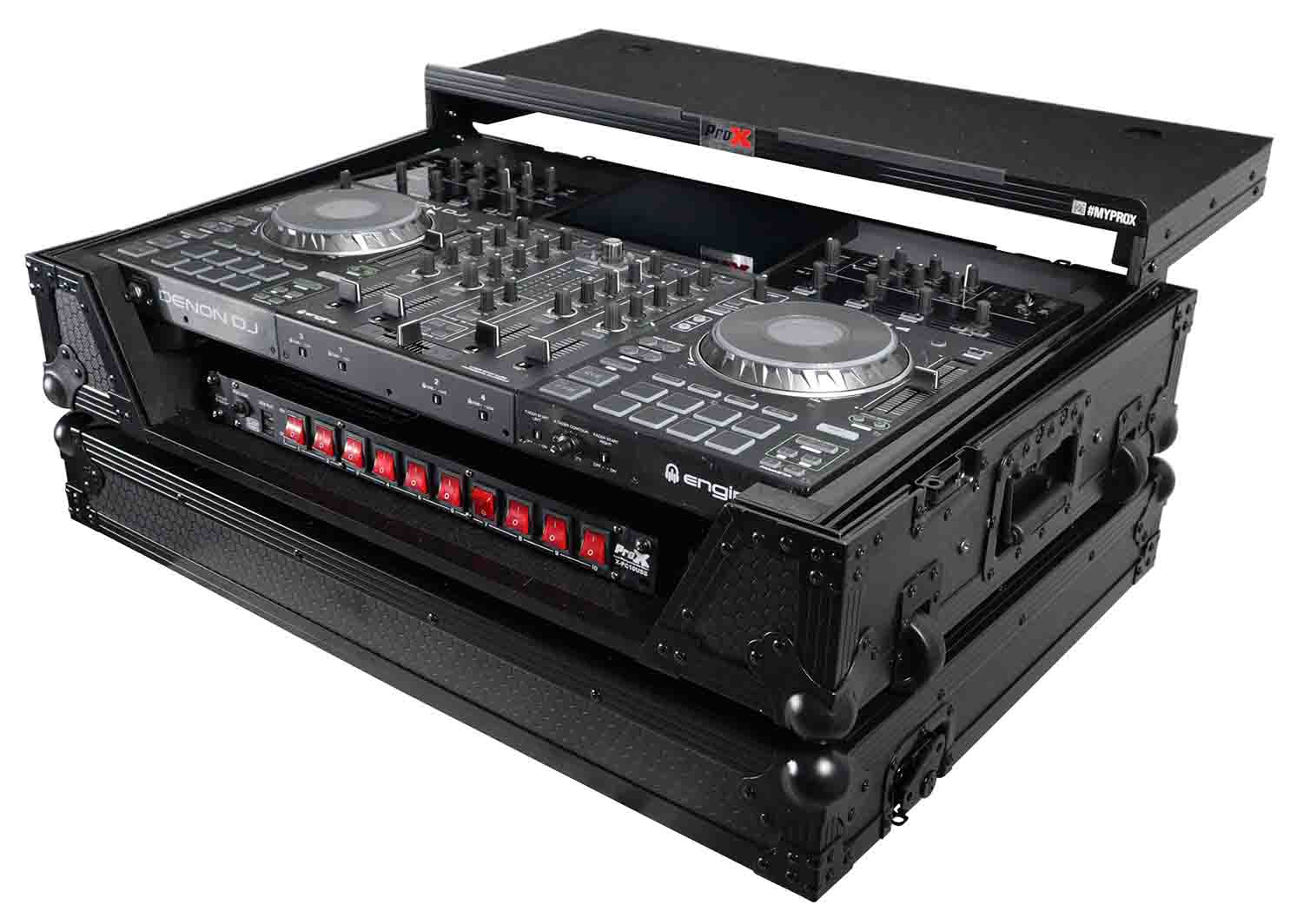 ProX XS-PRIME4 WLTBL Flight Case for Denon Prime 4 DJ Controller with Sliding Laptop Shelf - Black Finish - Hollywood DJ