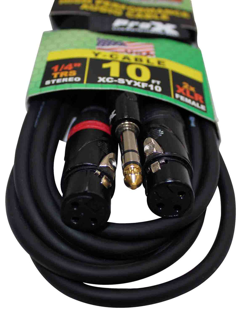 Prox XC-SYXF10 High Performance Y Cable 1/4" TRS-M Stereo to Dual XLR-F - 10 Feet - Hollywood DJ